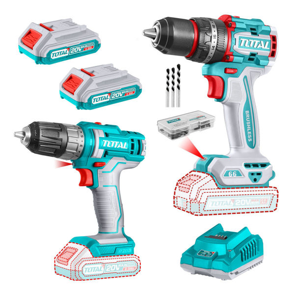 Imagen de Kit Inalámbrico Total 20v: Taladro Percutor Motor Sin Carbones 13mm 66nm + Atornillador 10mm 45nm - Con 2 Baterías 2.0ah Litio-ion, Cargador, Mechas Y Puntas
