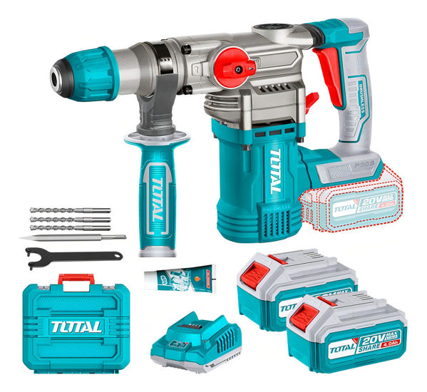 Imagen de Rotomartillo Inalámbrico Total 20v Industrial Motor Brushless Sin Carbones 4.5 J Encastre Sds Plus Con 2 Baterías 4.0ah Litio-ion Cargador Maletín Mechas Y Punta Trhli202882