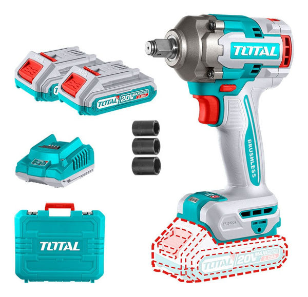 Imagen de Llave, Pistola De Impacto Inalámbrica Total 20v Industrial - Motor Brushless, Sin Carbones, Encastre 1/2'', Torque 400nm - Con 2 Baterías 2.0ah Litio-ion, Cargador, Dados Y Maletín - Tiwli2040