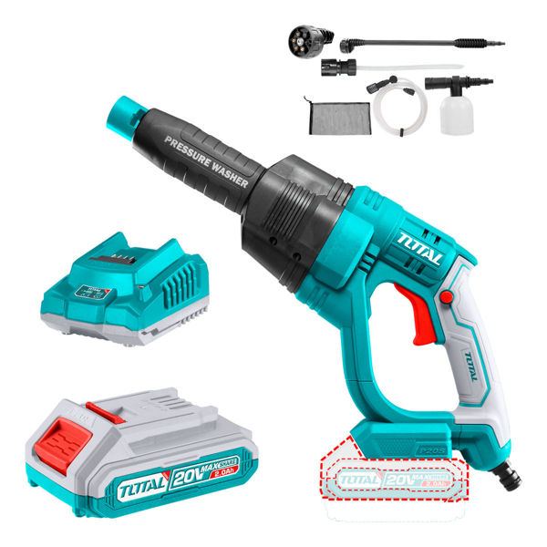 Imagen de Hidrolavadora Inalámbrica Total 20v, 24.8bar, 360psi - Caudal 2.2l/min - Sistema Autostop - Con 1 Batería 2.0ah, Cargador, Manguera 6 Metros Y Recipiente Para Jabón