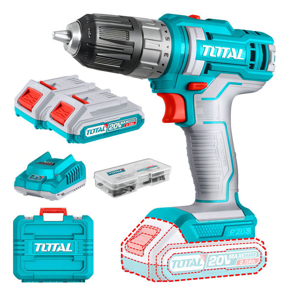 Imagen de Taladro Atornillador Inalámbrico Total 20v Industrial Mandril 10mm 45nm Con 2 Baterías 2.0ah Litio-ion Cargador Y Maletín Tdli200528
