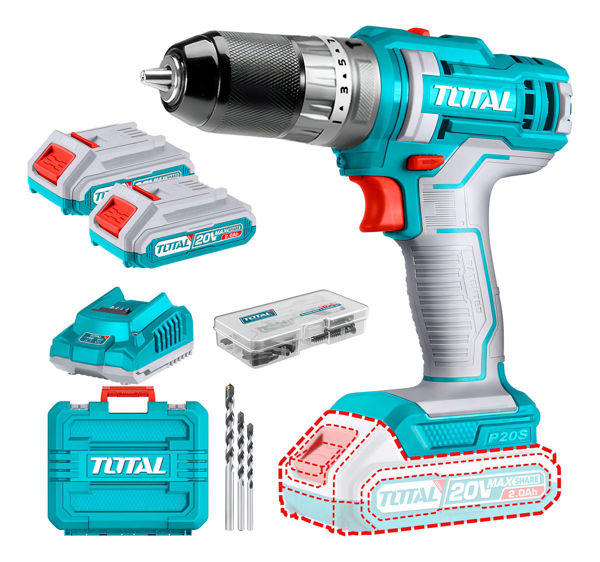 Imagen de Taladro Percutor Y Atornillador Inalámbrico Total 20v, Industrial, Mandril 10mm, 45nm - Con 2 Baterías 2.0ah Litio-ion, Cargador, Y Maletín - Tidli201452