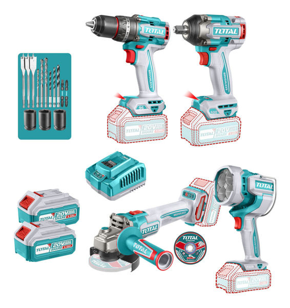 Imagen de Kit Inalámbrico Total 20v Sin Carbones: Llave Impacto 1/2'' 500nm + Percutor 96nm + Amoladora 4.1/2'' + Foco - Con 2 Baterías 4.0ah Litio-ion, Cargador, Maletín Y Accesorios - Tosli241292